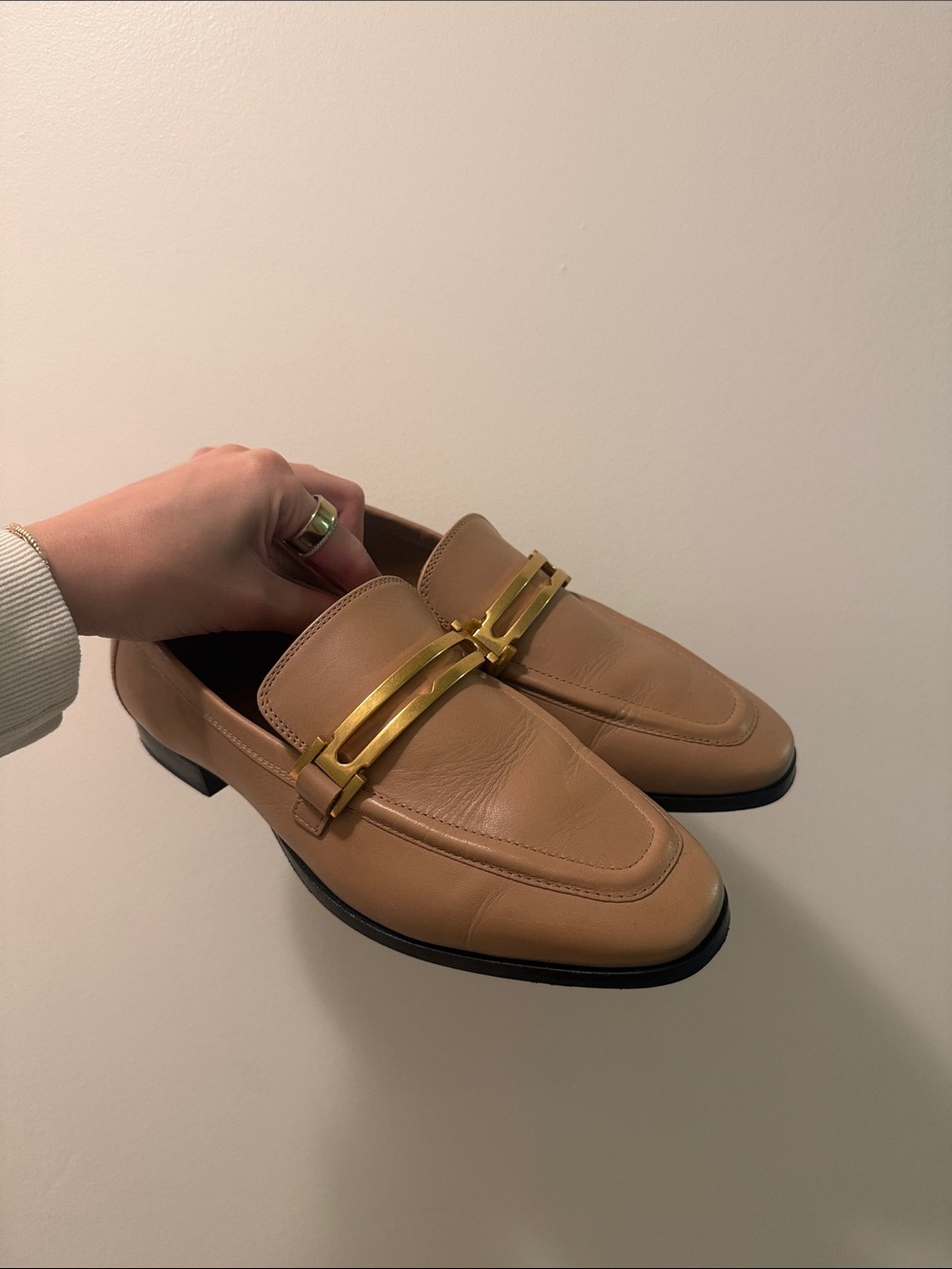 Tan Leather Loafers with Gold Hardware - Men's Slip-On Dress Shoes